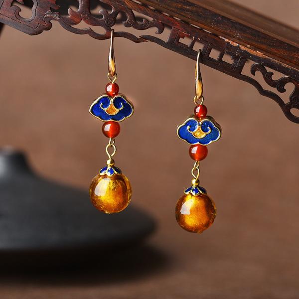 Folk Style Agate Dangle Earrings Chinese Antique Designer Earrings