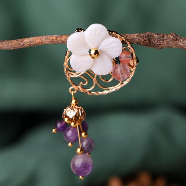 Long Pendant Amethyst Brooch Shell Flowers Hollow Out Designer Brooch