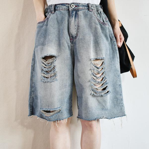 Raw Hem Wide Leg Shorts Korean Ripped Jorts for Women