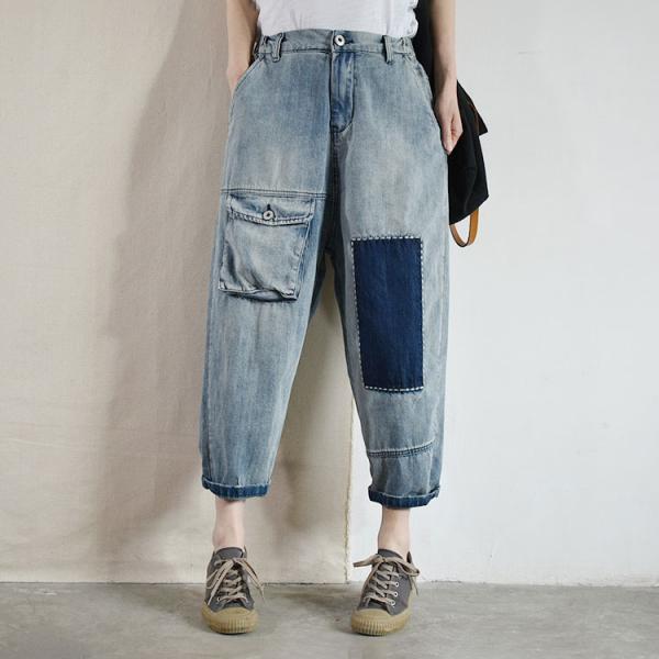 Blue Patchwork Flap Pockets Korean Jeans Baggy 90s Mom Jeans In Blue M L Morimiss Com