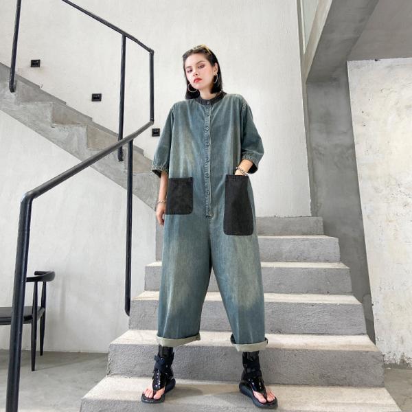 Black Pockets Half Sleeve Baggy Coveralls Korean Jean Jumpsuits