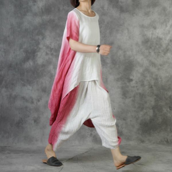 Tie-Dye Loose Linen Tunic Shirt with Red Harem Pants for Women