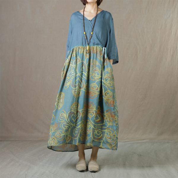 High-Waist Loose Wrap Dress Printed Ramie Blue Dress