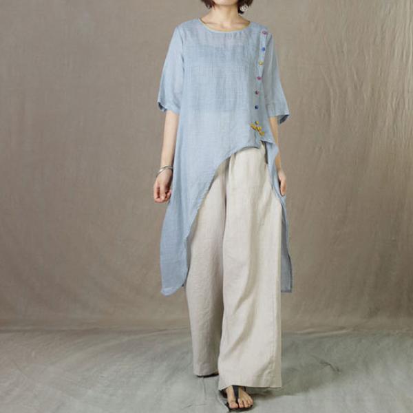 Colorful Chinese Button Linen Tunic Loose Asymmetrical Flax Clothing