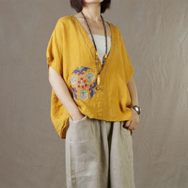 Plunging Neck Linen Blouse Plus Size Embroidered Shirts for Women
