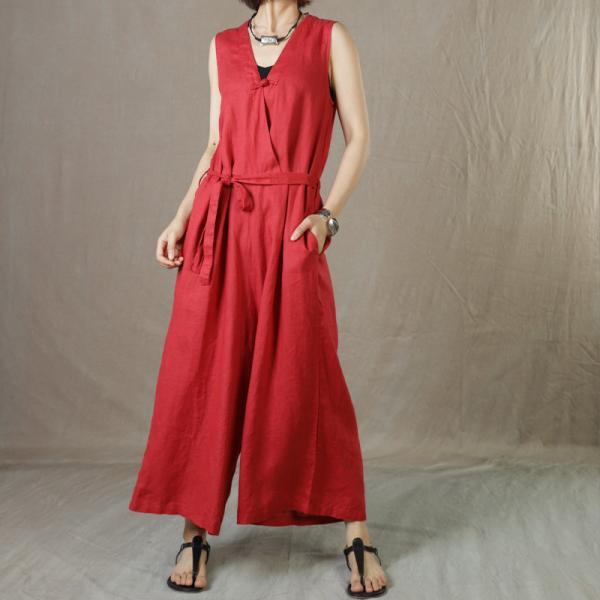 V-Neck Sleeveless Jumpsuits Linen Belted Wide Leg Jumpsuits