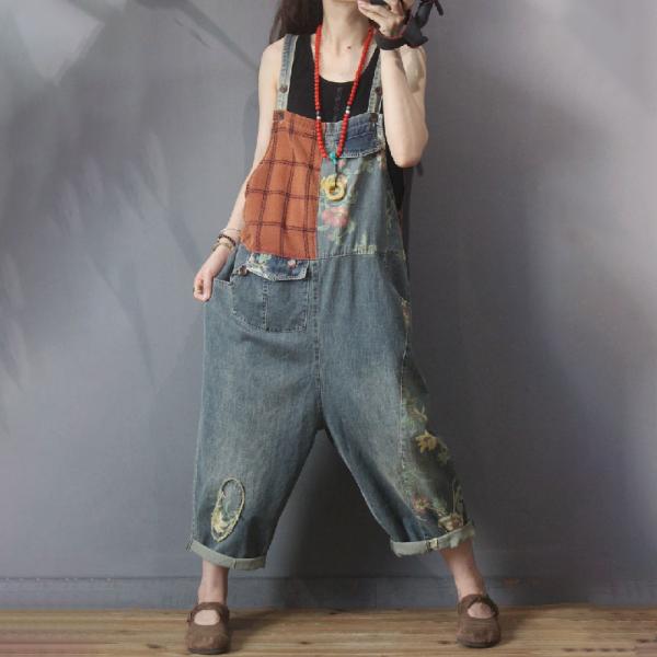 Street Style Baggy Cuffed Overalls Checkered Denim One Pieces Pants