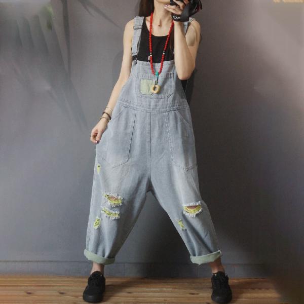 Trendy Baggy Distressed Overalls Patch Pockets Cuffed Dungarees