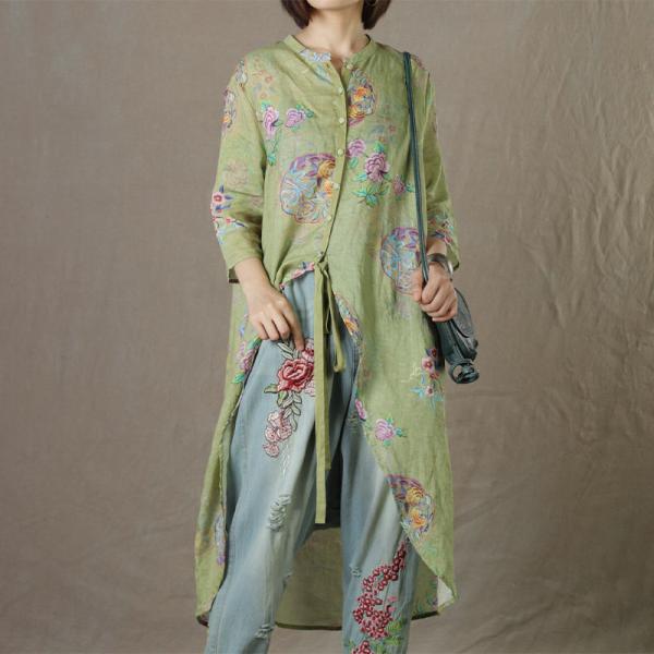 Long Sleeve Printed Long Tunic Asymmetrical Ramie Belted Shirt