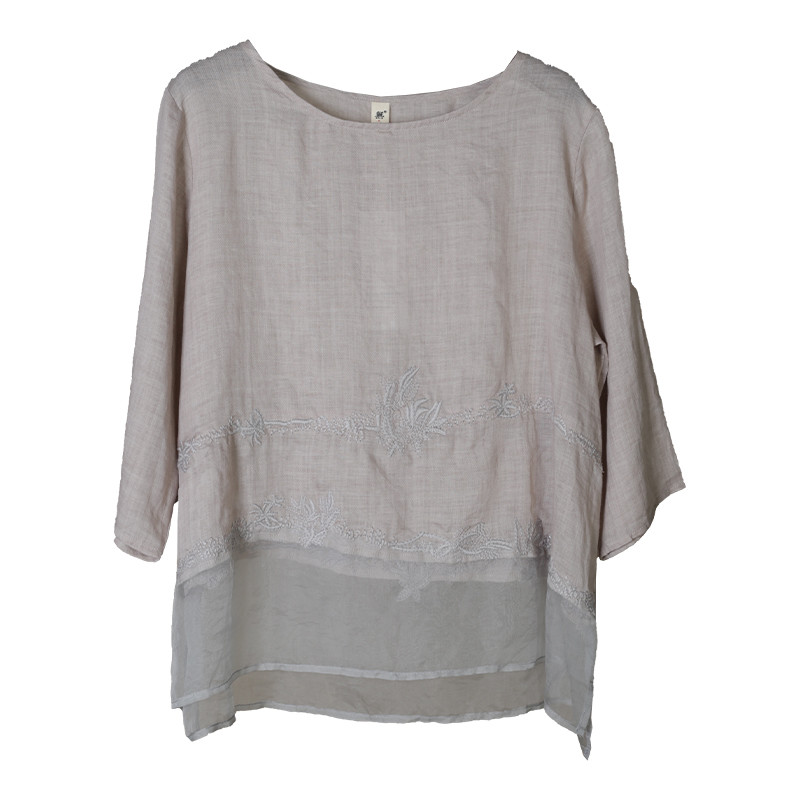 Silk Splicing Embroidered Shirt Ramie Sheer Blouse in Light Gray One ...