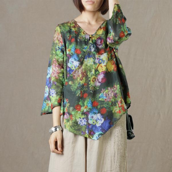 V-Neck Green Prints Short Kimono Ramie Vintage Belted Shirt