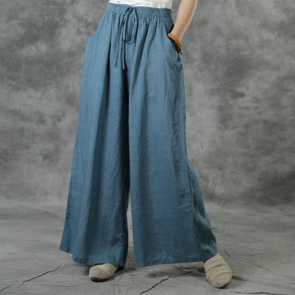Summer Style Wide Leg Pants Ramie Embroidered Trousers in Purple Blue ...