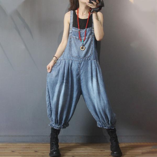 Patch Pockets Fluffy Dungarees Relax-Fit Bloomer Overalls