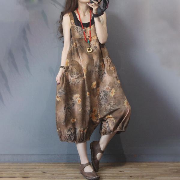 Brown Printed Balloon Overalls Loose Cotton Linen One Piece