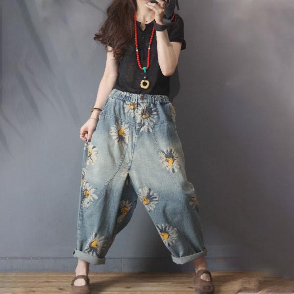 Sunflowers Pattern 90s Baggy Jeans Womens Cuffed Jeans