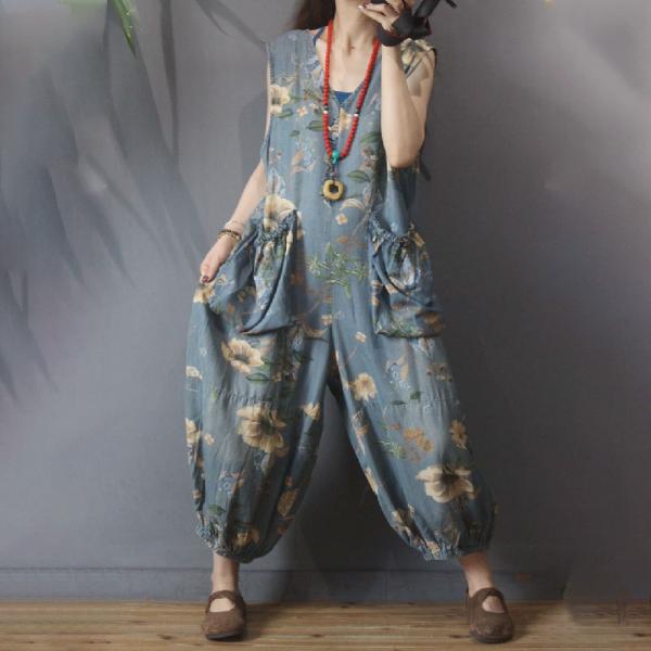 Big Pockets Fluffy Printed Jumpsuits V-Neck Sleeveless Jumpsuits