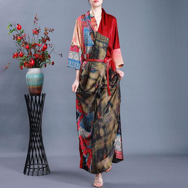 Japanese Style Maxi Kimono Dress Silk Printed Slit Dress