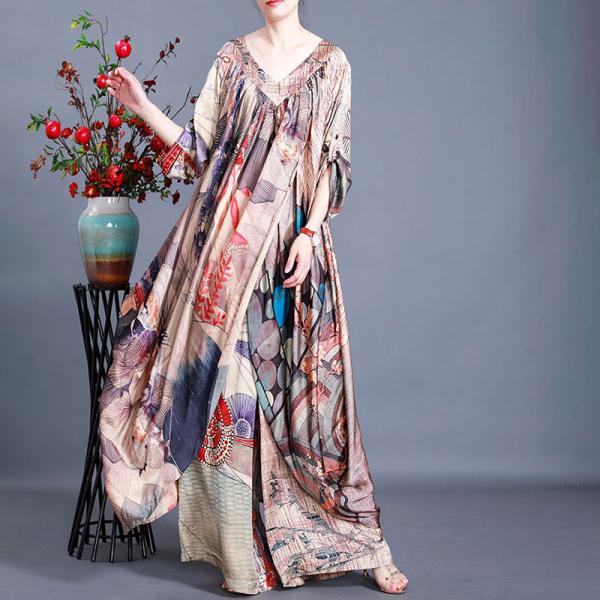 V-Neck Big Slit Silky Maxi Dress with Retro Printing Palazzo Pants