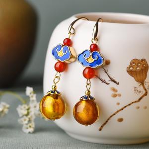 Folk Style Agate Dangle Earrings Chinese Antique Designer Earrings