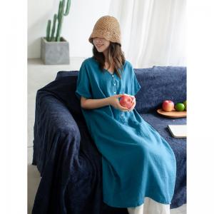 Chest Pocket V-Neck Linen Blue Dress Loose Comfy Flax Clothing