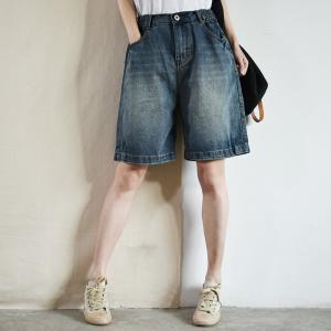 Dark Blue Wide Leg Jean Shorts Half Length Jorts for Women