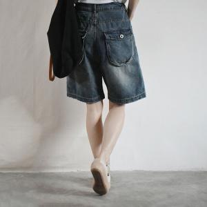 Dark Blue Wide Leg Jean Shorts Half Length Jorts for Women