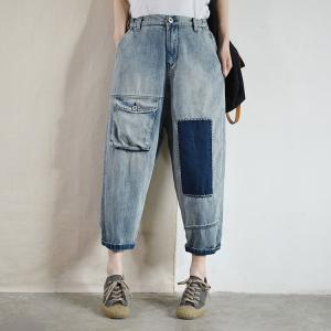 Blue Patchwork Flap Pockets Korean Jeans Baggy 90s Mom Jeans