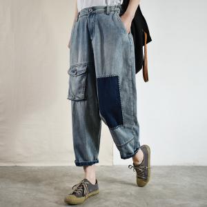 Blue Patchwork Flap Pockets Korean Jeans Baggy 90s Mom Jeans