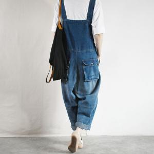 Relax-Fit Straight Leg Overalls Dark Blue Cuffed Dungarees