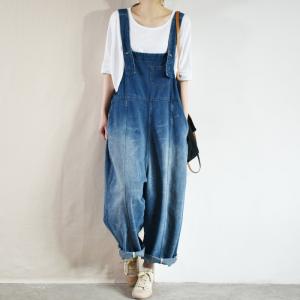 Relax-Fit Straight Leg Overalls Dark Blue Cuffed Dungarees