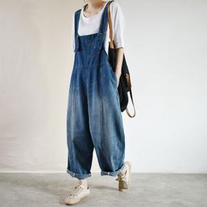 Relax-Fit Straight Leg Overalls Dark Blue Cuffed Dungarees