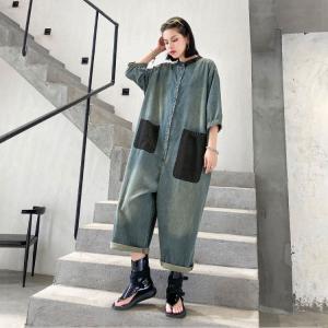 Black Pockets Half Sleeve Baggy Coveralls Korean Jean Jumpsuits