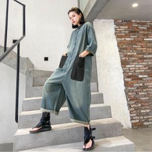 Black Pockets Half Sleeve Baggy Coveralls Korean Jean Jumpsuits