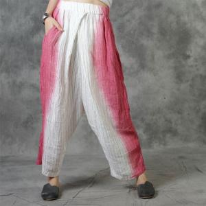 Tie-Dye Loose Linen Tunic Shirt with Red Harem Pants for Women