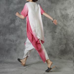 Tie-Dye Loose Linen Tunic Shirt with Red Harem Pants for Women