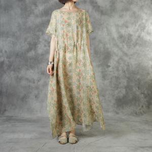 Short Sleeve Printed Drawstring Dress Loose Ramie Floral Granny Dress