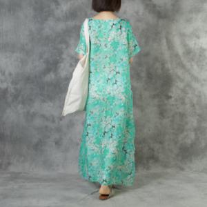 Short Sleeve Printed Drawstring Dress Loose Ramie Floral Granny Dress