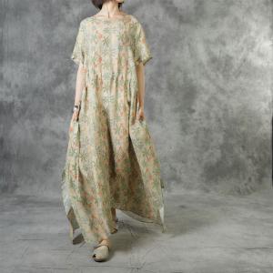 Short Sleeve Printed Drawstring Dress Loose Ramie Floral Granny Dress
