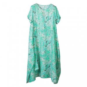 Short Sleeve Printed Drawstring Dress Loose Ramie Floral Granny Dress