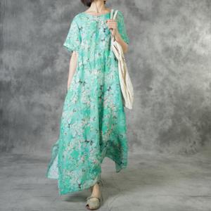 Short Sleeve Printed Drawstring Dress Loose Ramie Floral Granny Dress