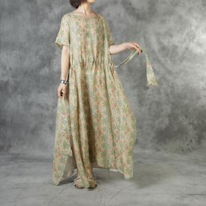 Short Sleeve Printed Drawstring Dress Loose Ramie Floral Granny Dress