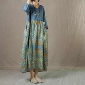 High-Waist Loose Wrap Dress Printed Ramie Blue Dress