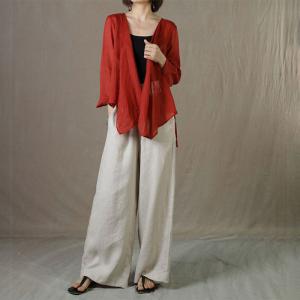 V-Neck Plain Ramie Blouse Long Sleeve Belted Short Jackets for Women