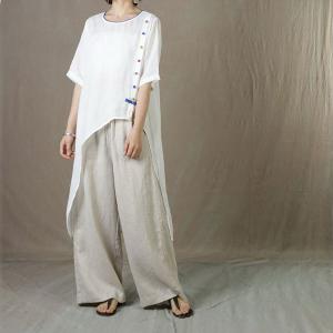 Colorful Chinese Button Linen Tunic Loose Asymmetrical Flax Clothing