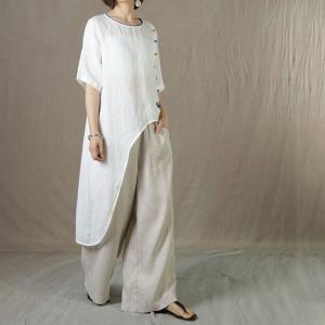 Colorful Chinese Button Linen Tunic Loose Asymmetrical Flax Clothing