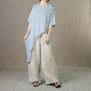 Colorful Chinese Button Linen Tunic Loose Asymmetrical Flax Clothing