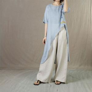 Colorful Chinese Button Linen Tunic Loose Asymmetrical Flax Clothing