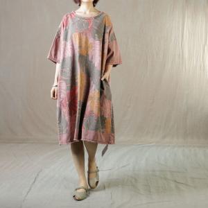 Banana Leaf Plus Size Cotton Dress Raw Hem Knee-Length Dress