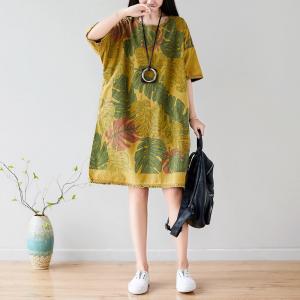 Banana Leaf Plus Size Cotton Dress Raw Hem Knee-Length Dress