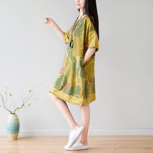 Banana Leaf Plus Size Cotton Dress Raw Hem Knee-Length Dress